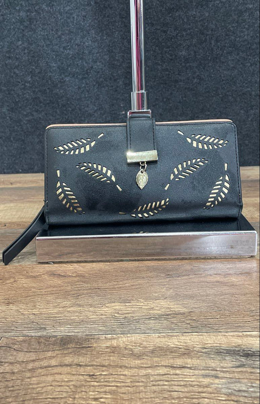 Black Faux Leather Leaf Pattern Cutout Continental Wallet Gold Tone Charm
