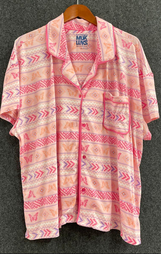 Muk Luks Women's Pajama Set Pink Butterfly Geometric Fair Isle 2 Piece Sz 2X