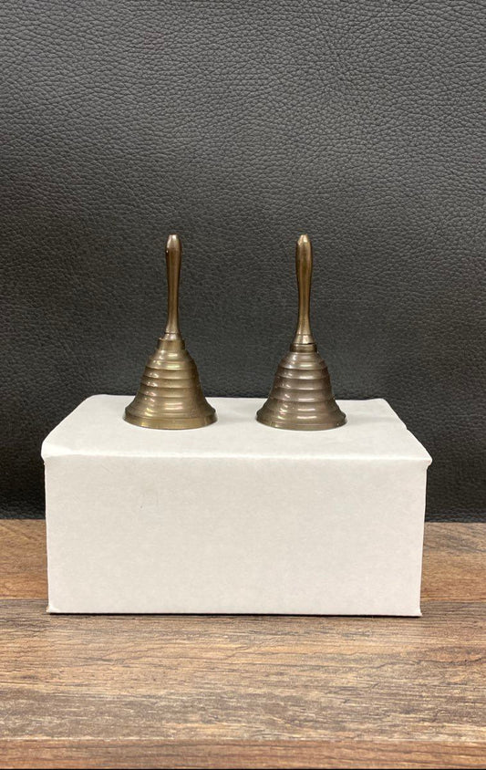 Vintage 70s Set of 2 Solid Brass Ribbed Beehive Hand Bells India Decor