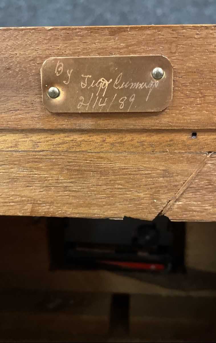 Vintage Wooden Clock w/ Brass Plate Signed 1989 Quartz Battery