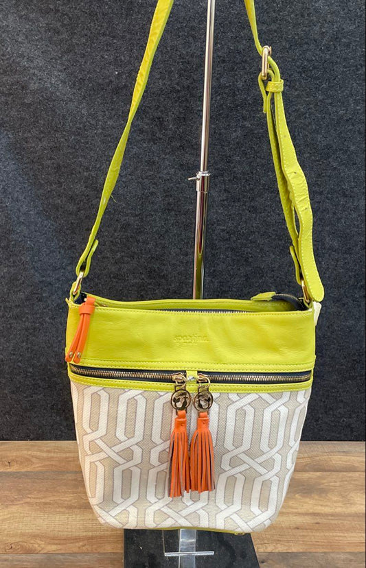 Spartina 449 Green Linen Leather Daufuskie Island Crossbody Bag Gold Hardware