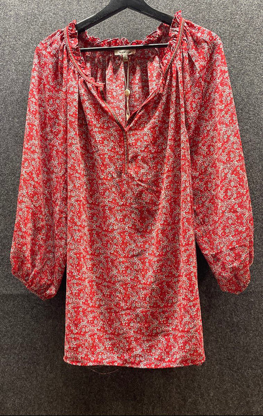 Max Studio Women's Red Floral Ruffle Neck Peasant Blouse Tunic Sz 2X NWT