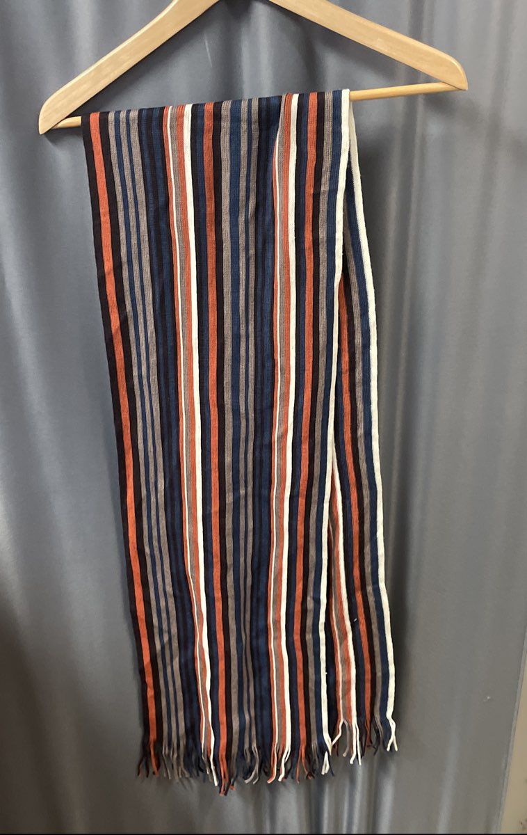 Le Ferre Unisex 100% Pure Wool Striped Scarf Earth Tones Orange Navy Gray Fringe