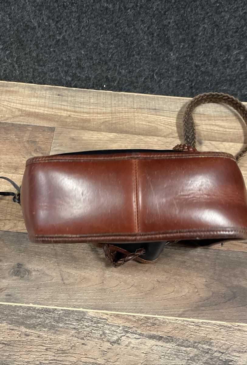 Vintage 90s Brighton Black Brown Leather Bucket Crossbody Bag Heart Hardware