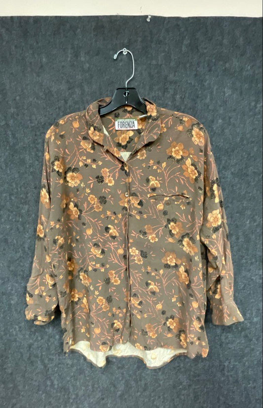 Vintage 90s Forenza Women's Brown Floral Rayon Button Down Shirt Blouse Sz S
