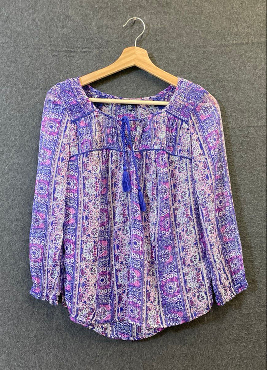 American Eagle Women's Paisley Blouse Purple Metallic Semi-Sheer Tassels Sz XS