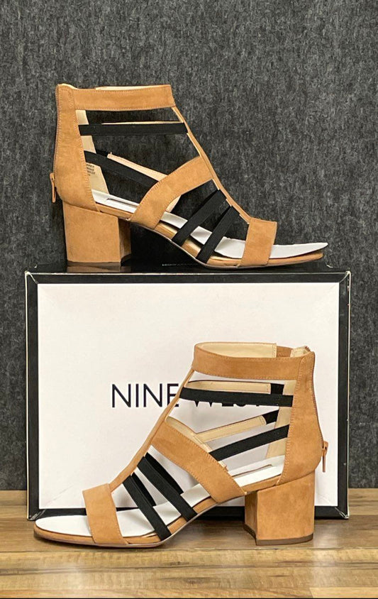 Nine West Give Back Tan Black Strappy Block Heel Gladiator Sandals Size 8 M