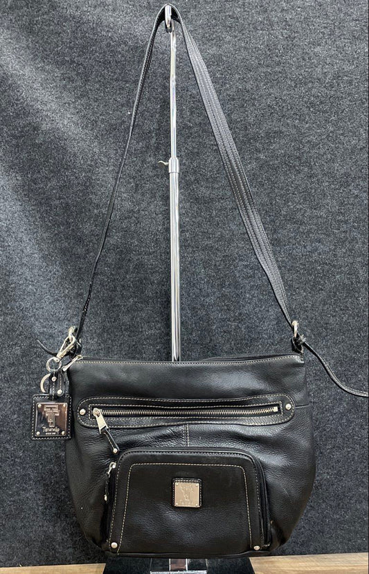Tignanello Black Leather Multi Pocket Crossbody Shoulder Bag Silver Hardware
