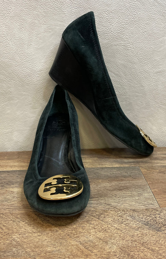 Tory Burch Black Suede Gold Logo Medallion Wedge Pumps Shoes Size 9.5M