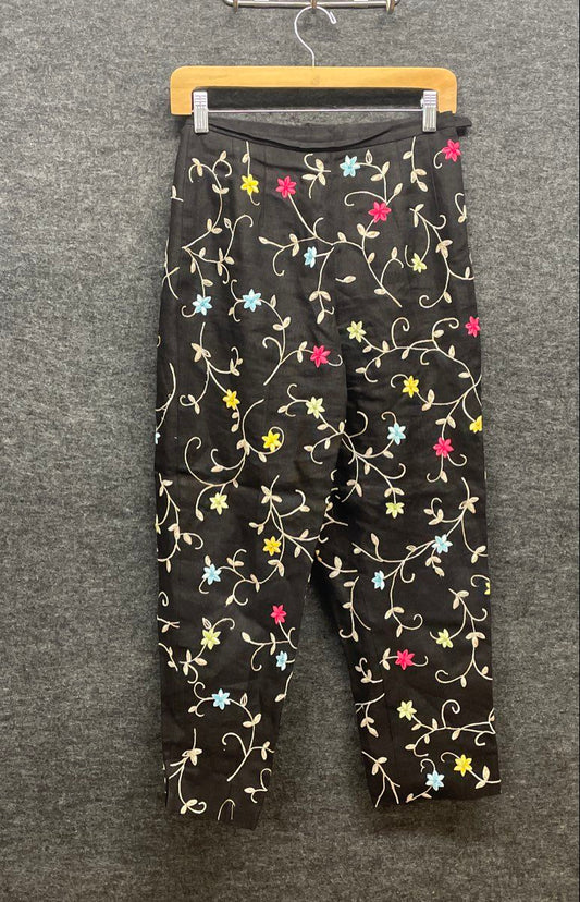Talbots Petites Women's Black Floral Embroidered Linen Straight Leg Pants Sz 4