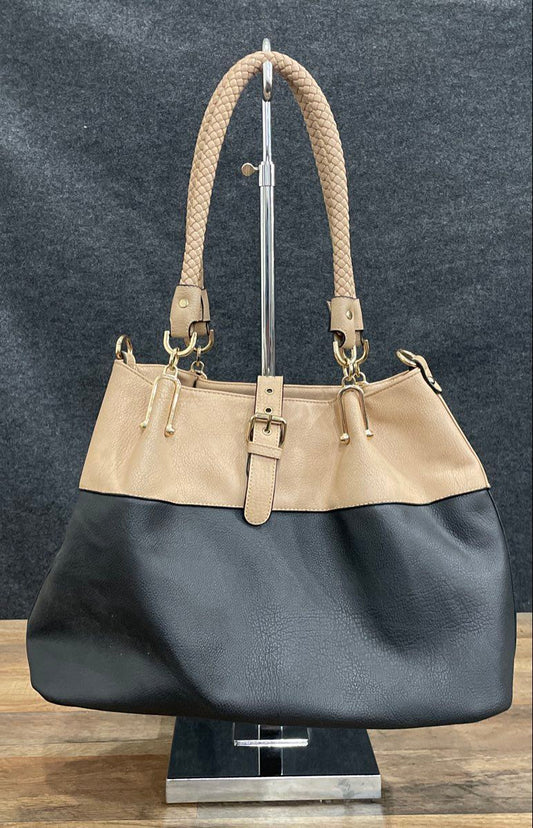 Black Rivet Black Tan Two Tone Pebbled Large Shoulder Tote Bag Braided Gold