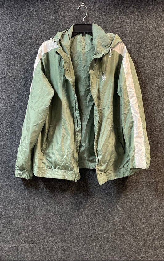 Spyder Men's Sage Green Hooded Windbreaker Full Zip Sleeve Stripe Jacket Sz M