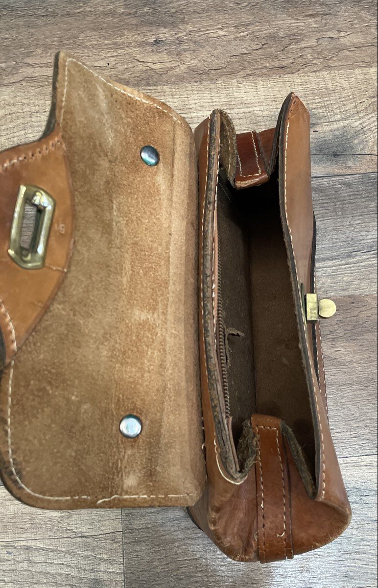 Vintage Brown Leather Satchel Handbag with Bamboo Accent Brass Turn Lock