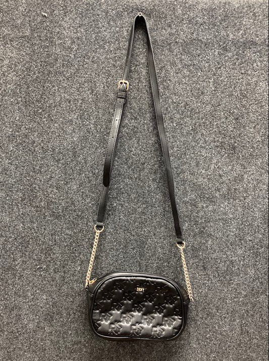 DKNY Black Logo Embossed Crossbody Camera Bag Small Gold Hardware