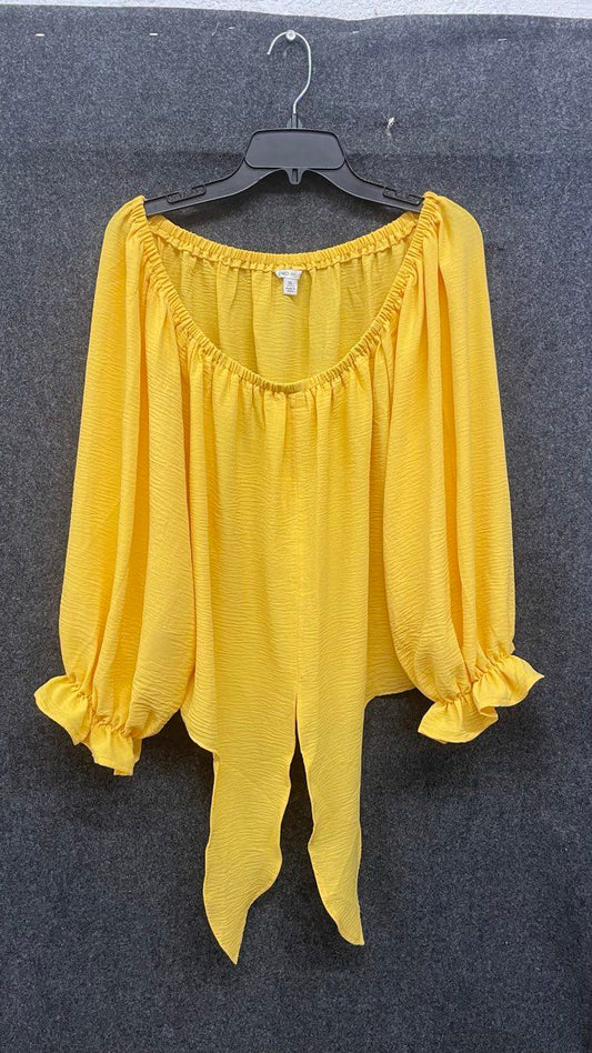 Cato Women's Yellow Textured Tie Front Off Shoulder Blouse Sz XL