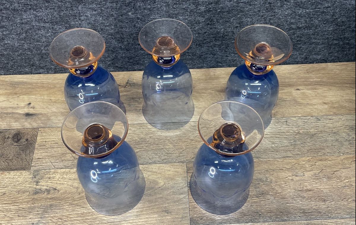 Set of 4 Pfaltsgraff Napoli Etched Cobalt Blue Goblets with Orange Stems