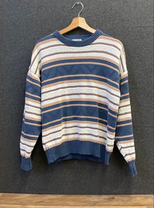 Vintage 90s Brian MacNeil Men's Blue Striped Cotton Crewneck Sweater Size M