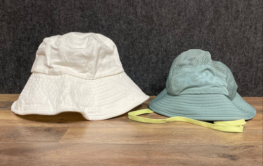 Levi's & Hoka Lot of 2 Bucket Hats White Cotton & Green Mesh Running One Size