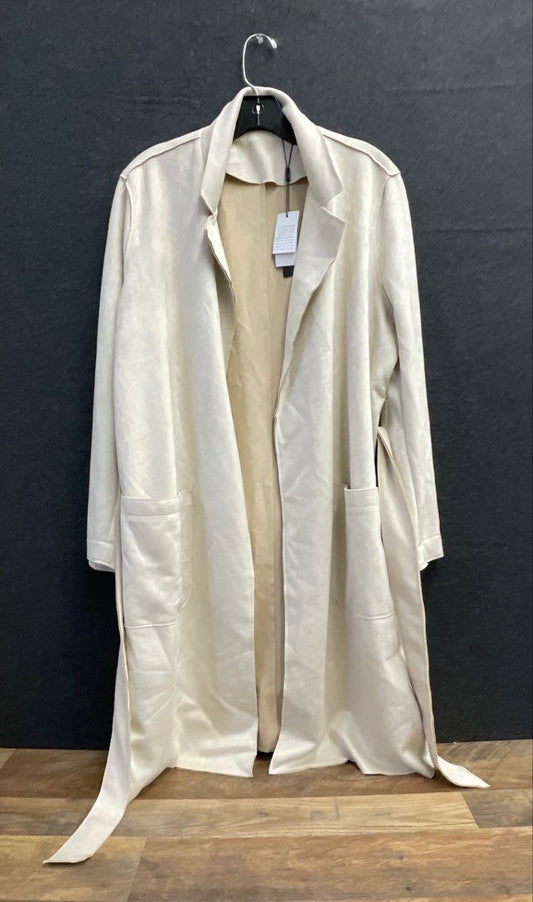 T Tahari Women's Beige Faux Leather Duster Coat Notched Lapel NWT Sz L