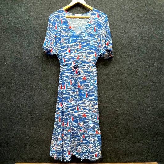 Stitch by Chenault Women's Blue Nautical Sailboat Print Rayon Tie Waist Midi XL