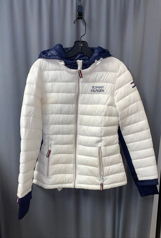 Tommy Hilfiger Women's Puffer Jacket White Navy Hooded Packable Lightweight Sz S
