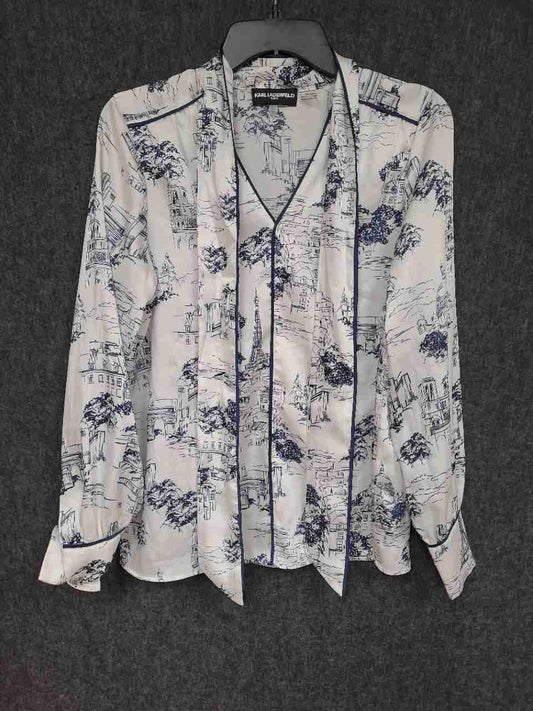 Karl Lagerfeld Paris Women's Blue White Paris Toile Tie Neck Blouse Sz P