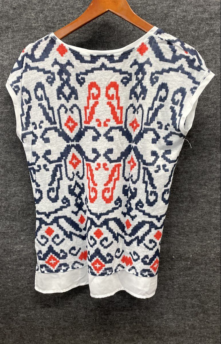 Tommy Hilfiger Women's White Blue Orange Ikat Print Layered Hem Top Sz S