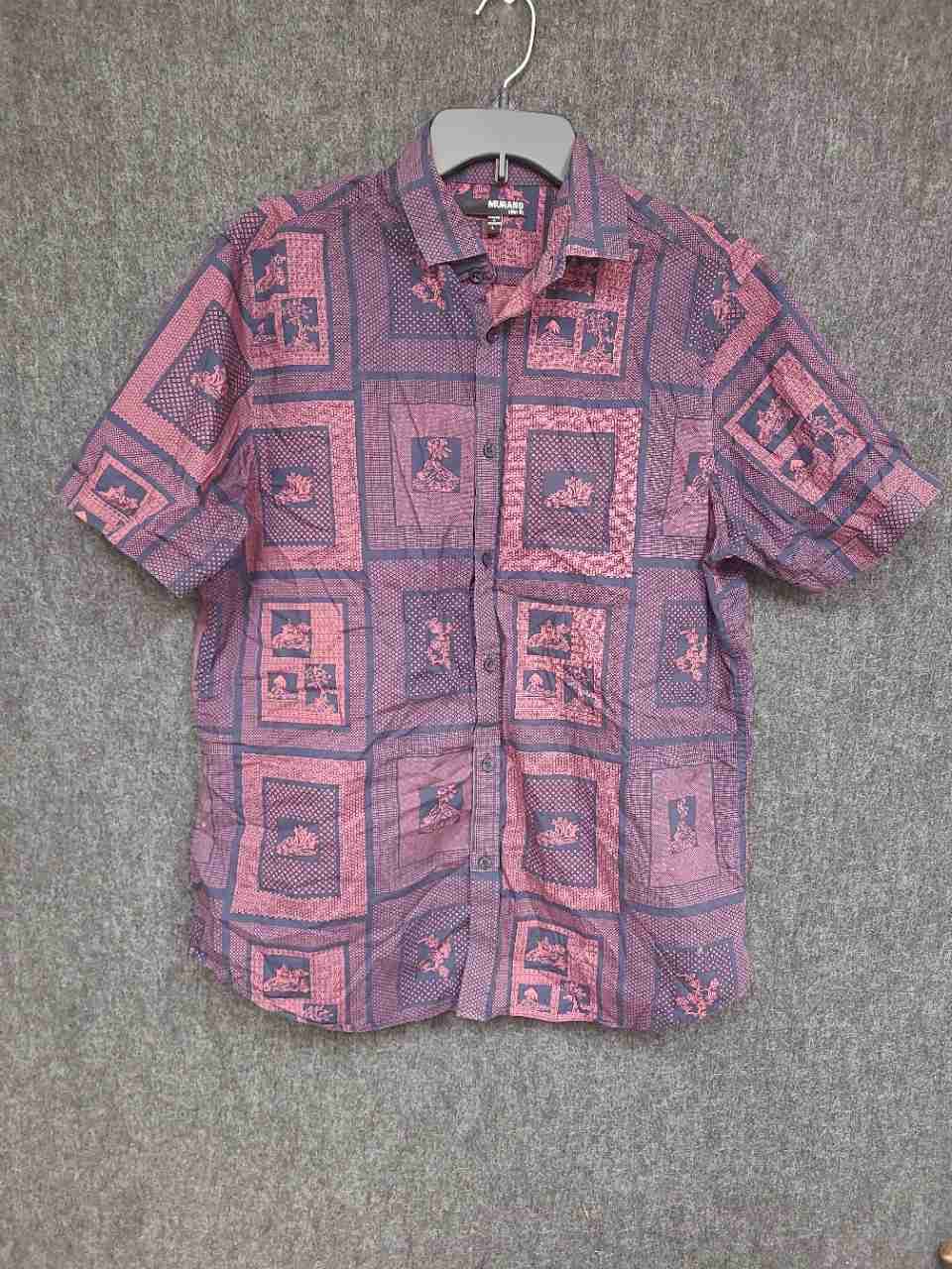 Murano Men's Purple Pink Slim Fit Short Sleeve Cotton Geometric Print Shirt Sz L