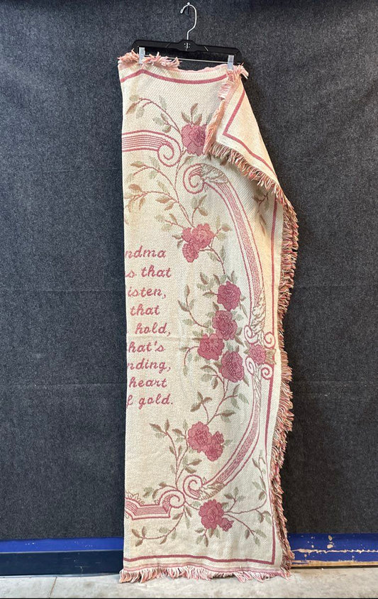 Vintage Grandma Tapestry Throw Blanket Woven Fringe Floral Rose Verse Pink