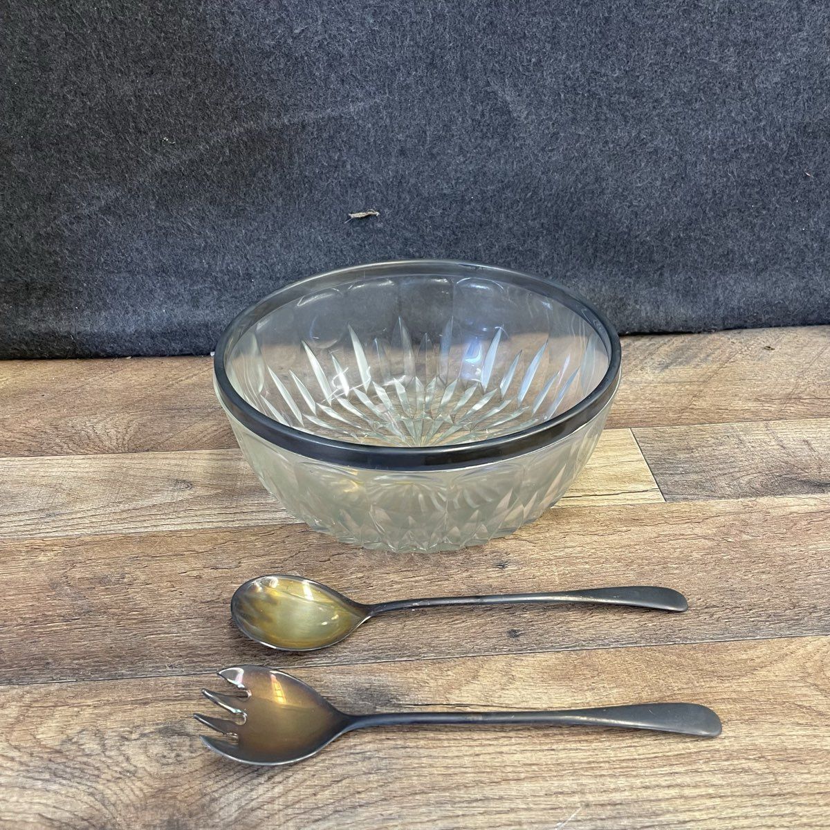 Leonard Italy Crystal Bowl with a Silver-Plated Rim and Spoon & Fork
