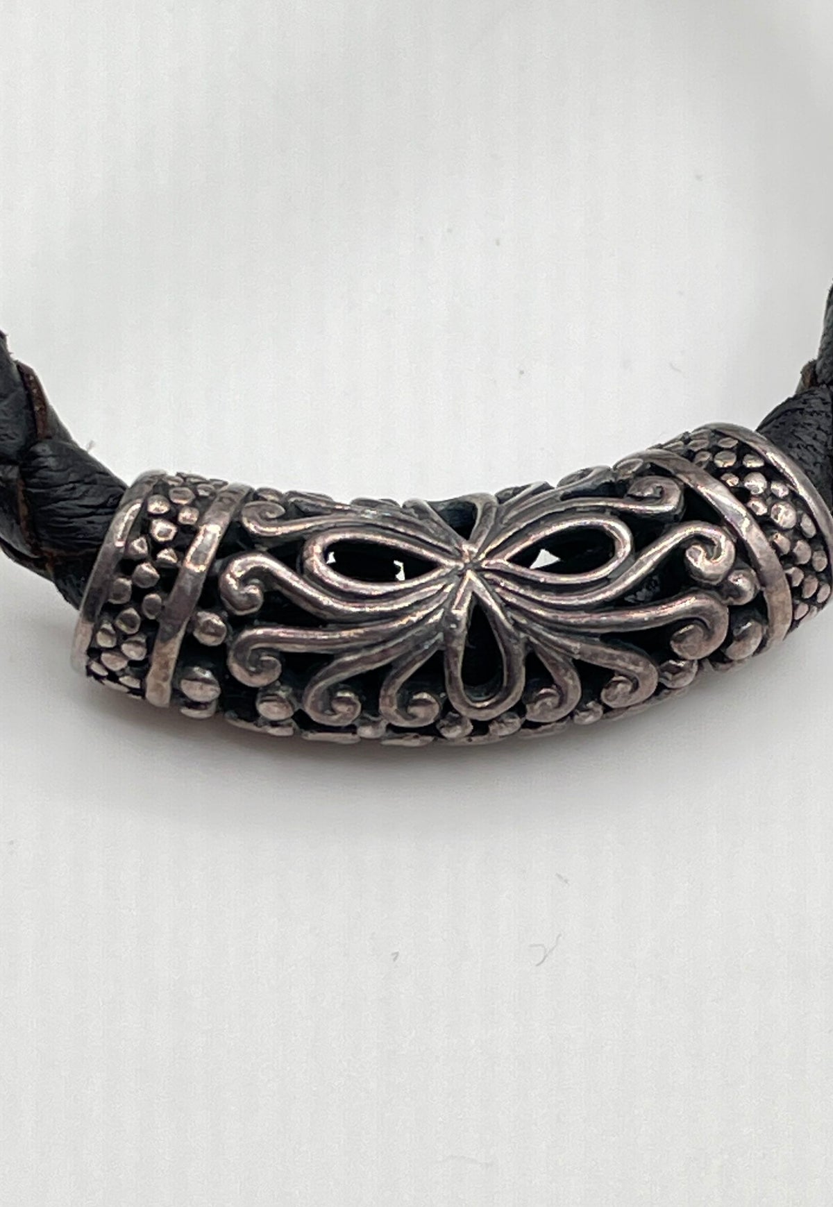 925 Sterling Silver Filigree Tube Bead & Clasp Braided Leather Necklace 15.9g