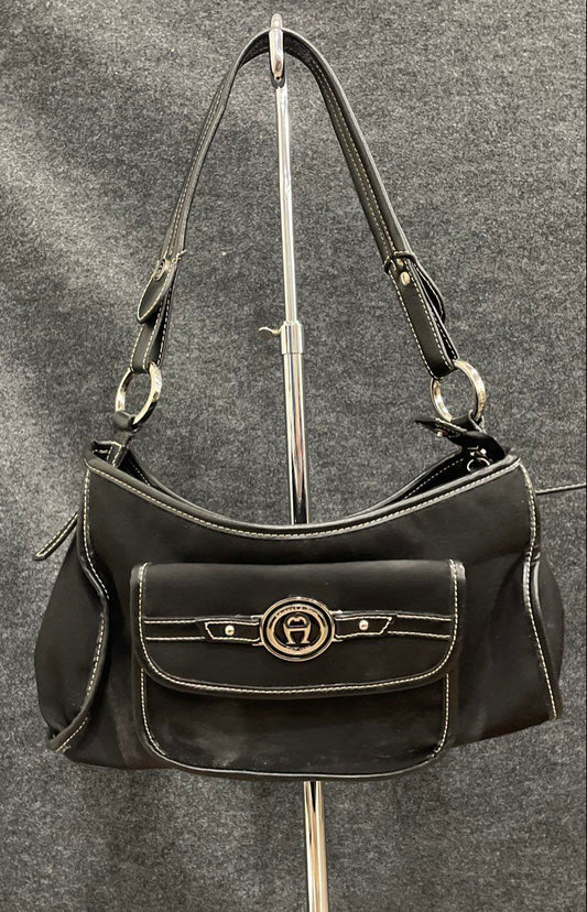 Etienne Aigner Black Canvas Leather Trim Shoulder Bag Silver Logo Hardware