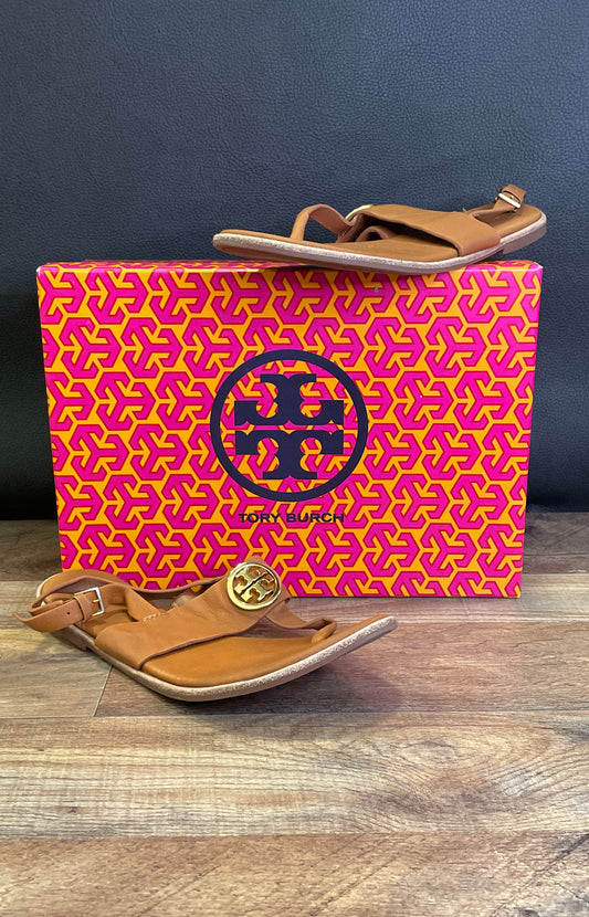 Tory Burch Miller Ankle Strap Tan Leather Gold Logo Medallion Sandals Size 8.5