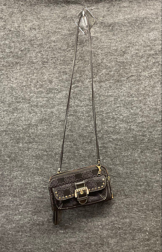 Kathy Van Zeeland Black Monogram Floral Studded Crossbody Bag Y2K Gold Tone