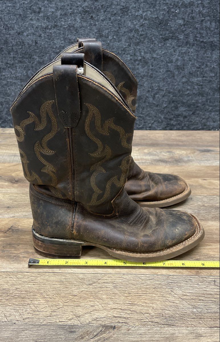 Old West Dark Brown Leather Square Toe Western Cowboy Boots Kids Size 2