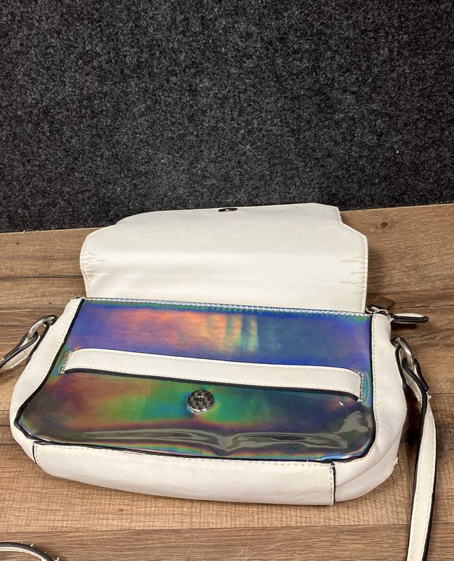 White Holographic Iridescent Crossbody Bag Faux Leather Silver Hardware Small