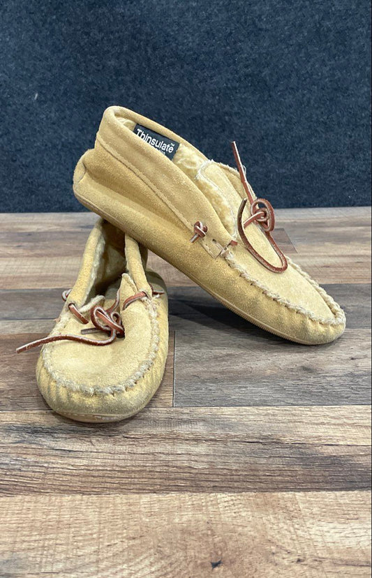 Vintage Cabela's Suede Moccasin Slippers Tan Brown Made in USA Size 7