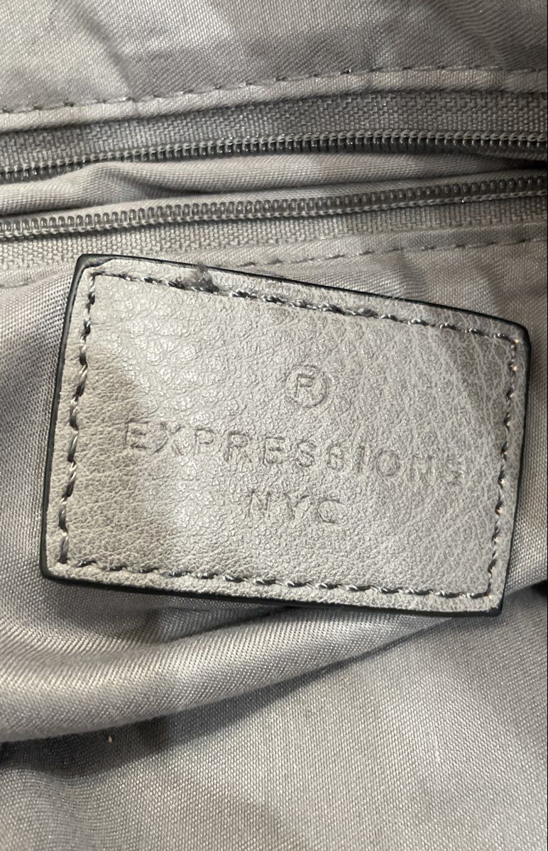 Expressions NYC Grey Leather Fringed Satchel Crossbody Bag Boho Studded