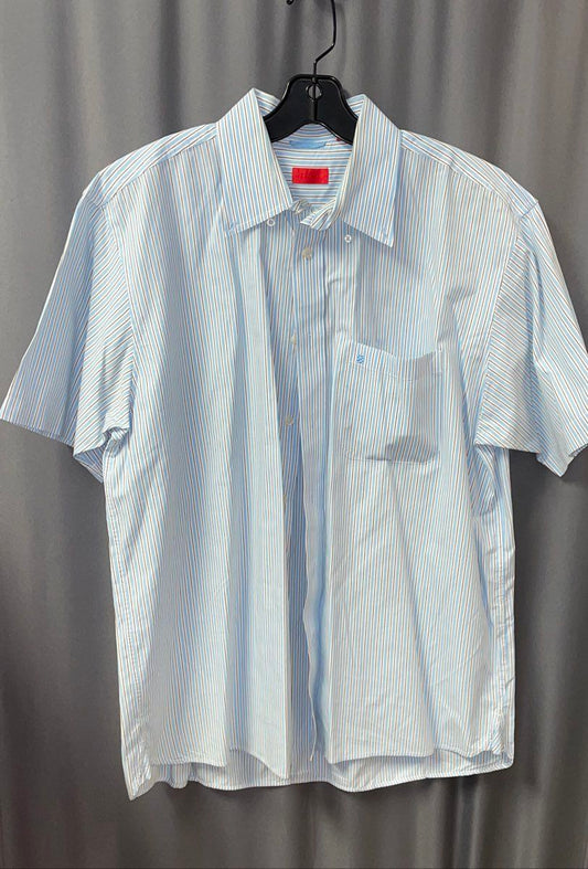 IZOD Men's Blue White Striped Cotton Short Sleeve Button Up Shirt Size L