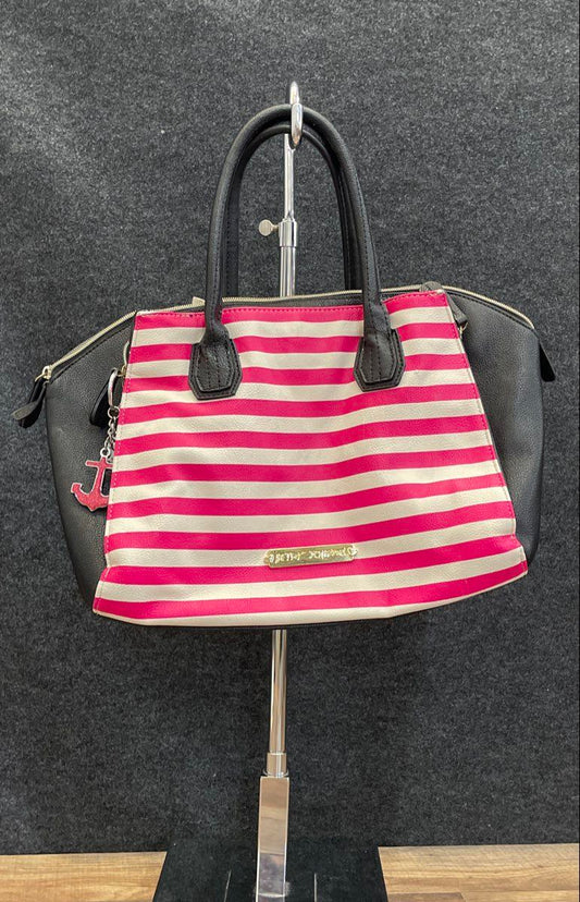 Betsey Johnson Pink White Black Striped Faux Leather Satchel Purse Handbag