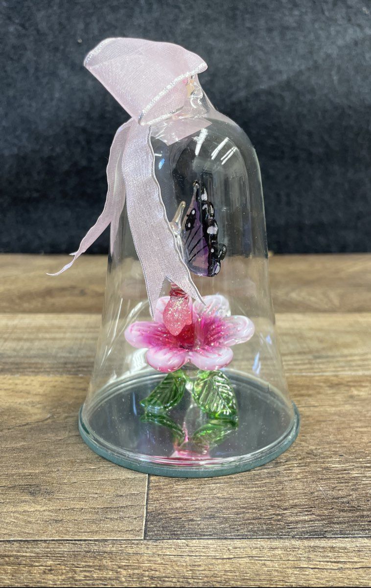 Glass Dome with a Glass Butterfly on a Glass Leaf Figurine