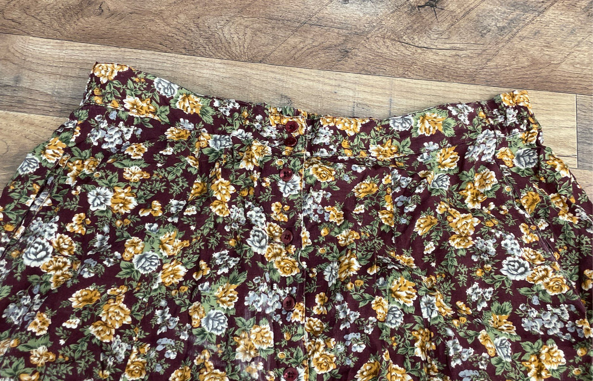 Vintage 90s Kathryn Deene Women's Burgundy Floral Button Rayon Skirt Sz 18/20