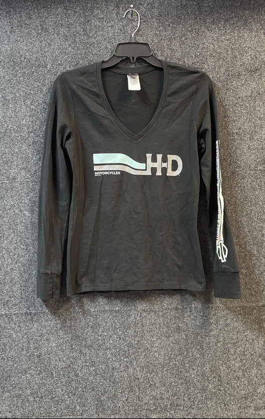 Harley-Davidson Women's Black Graphic Long Sleeve V-Neck Shirt Annapolis Sz L