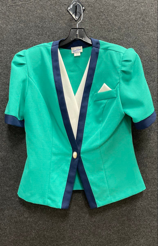 Vintage 80s Good Times Teal Navy Puff Shoulder Blazer Top Made USA Sz 14