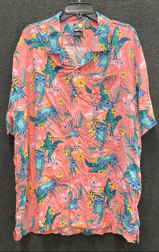 Disney Men's Stitch Pink Hawaiian Tropical Floral Button Down Camp Shirt Sz XXL