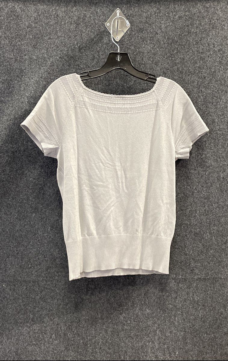 Ann Taylor Factory Women's Grey Knit Short Sleeve Pointelle Boat Neck Top Sz M