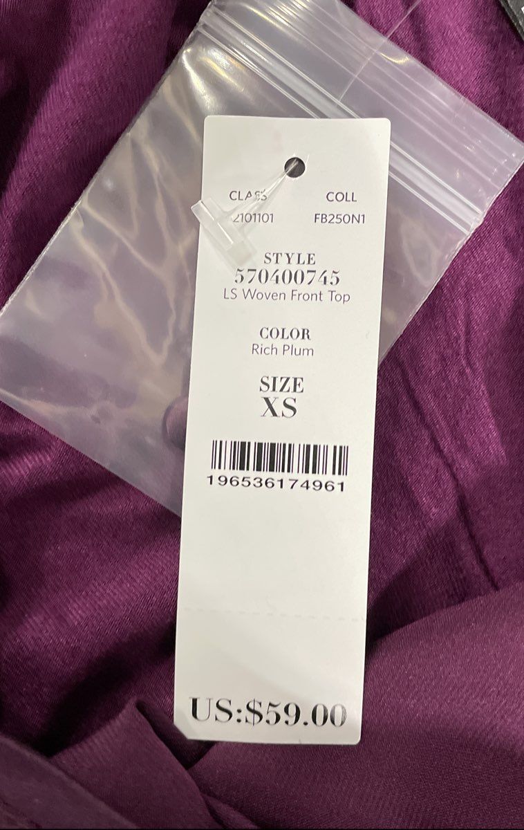 White House Black Market Women's Rich Plum LS Woven Front Top Size XS NWT