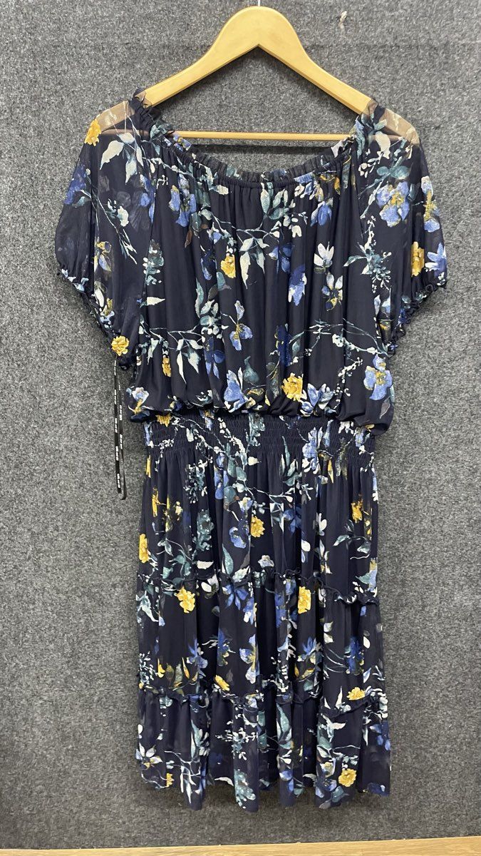 Kate and Lily Women's Navy Blue Floral Smocked Waist Tiered Dress Sz 20W