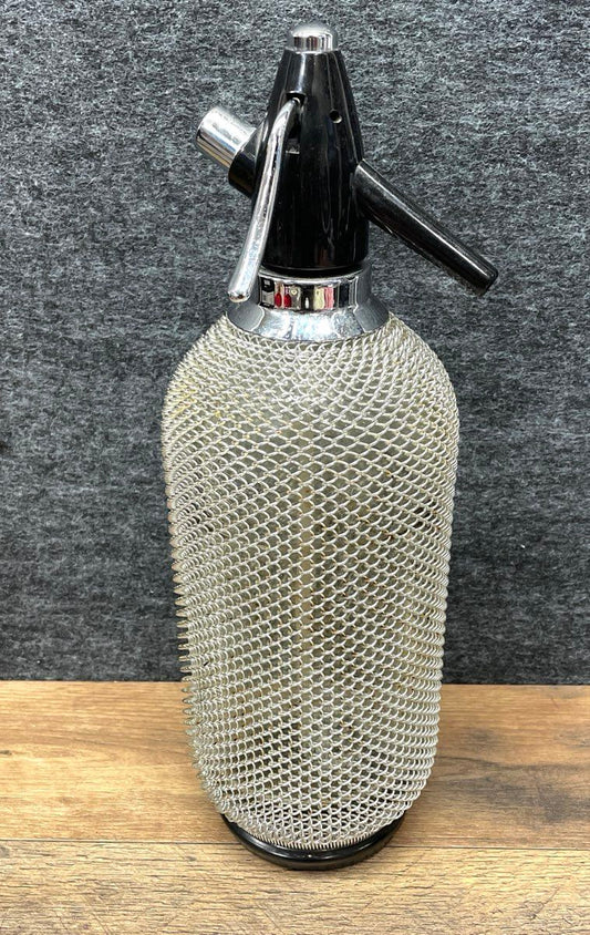 Vintage Mid-Century Seltzer Bottle Soda Siphon Wire Mesh Glass Barware