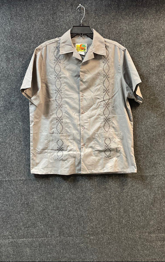 Haband Men's Grey Short Sleeve Embroidered Guayabera Shirt Sz M